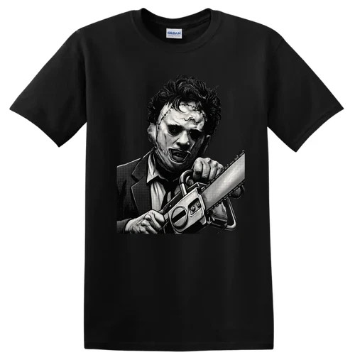 Horror Chainsaw Killer T Shirt Black White Slasher Movie Gothic Graphic Tee