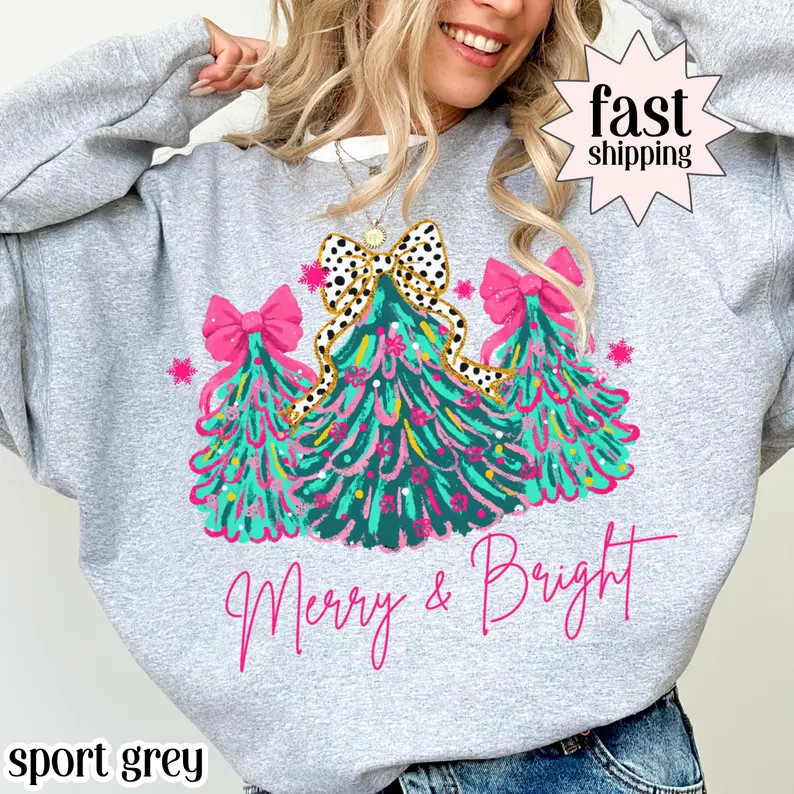 Merry Bright Christmas Xmas Holiday Winter Sweatshirt Apparel Gift