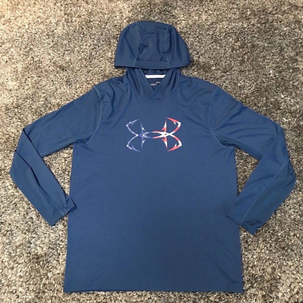 Under Armour Fishing Hoodie Shirt Mens Large Blue Iso Chill Hook Freedom USA