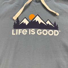 Life Is Good Mountain Hoodie Mens Large Blue Sweatshirt Outdoor Hiking Walking