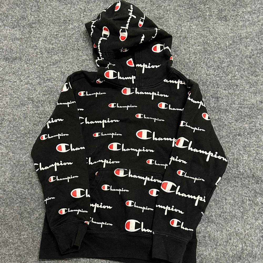 Champion Hoodie Mens Size S Black All Over Script Logo Print Athletic Sweatshirt