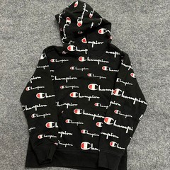 Champion Hoodie Mens Size S Black All Over Script Logo Print Athletic Sweatshirt