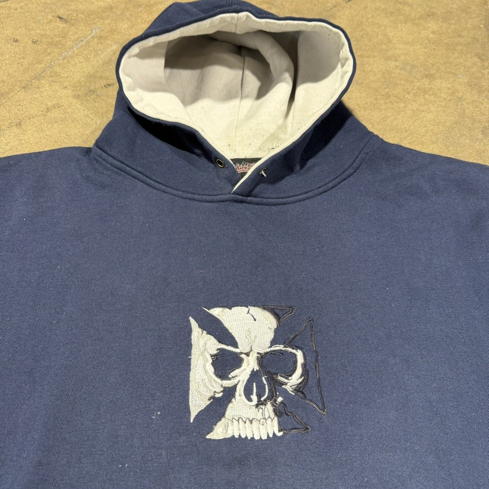 Y2K Sapphire Lounge Embroidered Hoodie XL Blue Mens Grunge Skull Cross Skater
