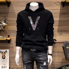 New Men Luxury Diamond V Letter 2 Sides Rhinestones Fashion Hoodie High Quality