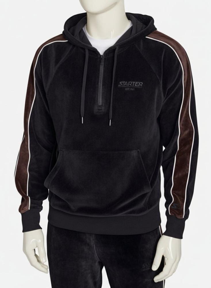 Starter Men’s Black Velour Quarter-Zip Jersey-Lined Hoodie Sweater Size M