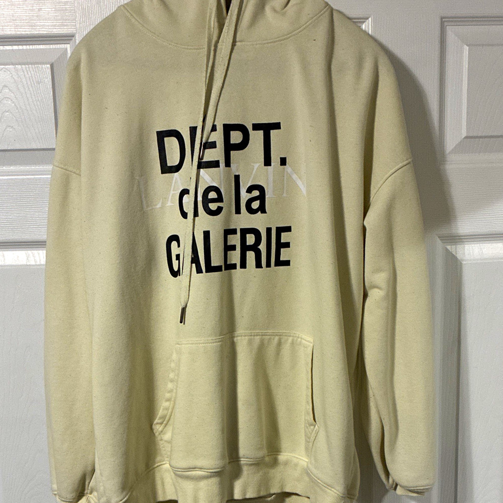 Men’s Beige Pullover Hoodie L Graphic Logo Print Drawstring Kangaroo Pocket