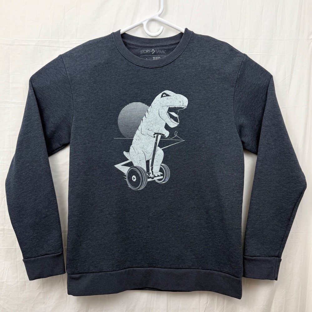 Story Spark T-Rex Riding Segway Unisex L Sweatshirt Gray