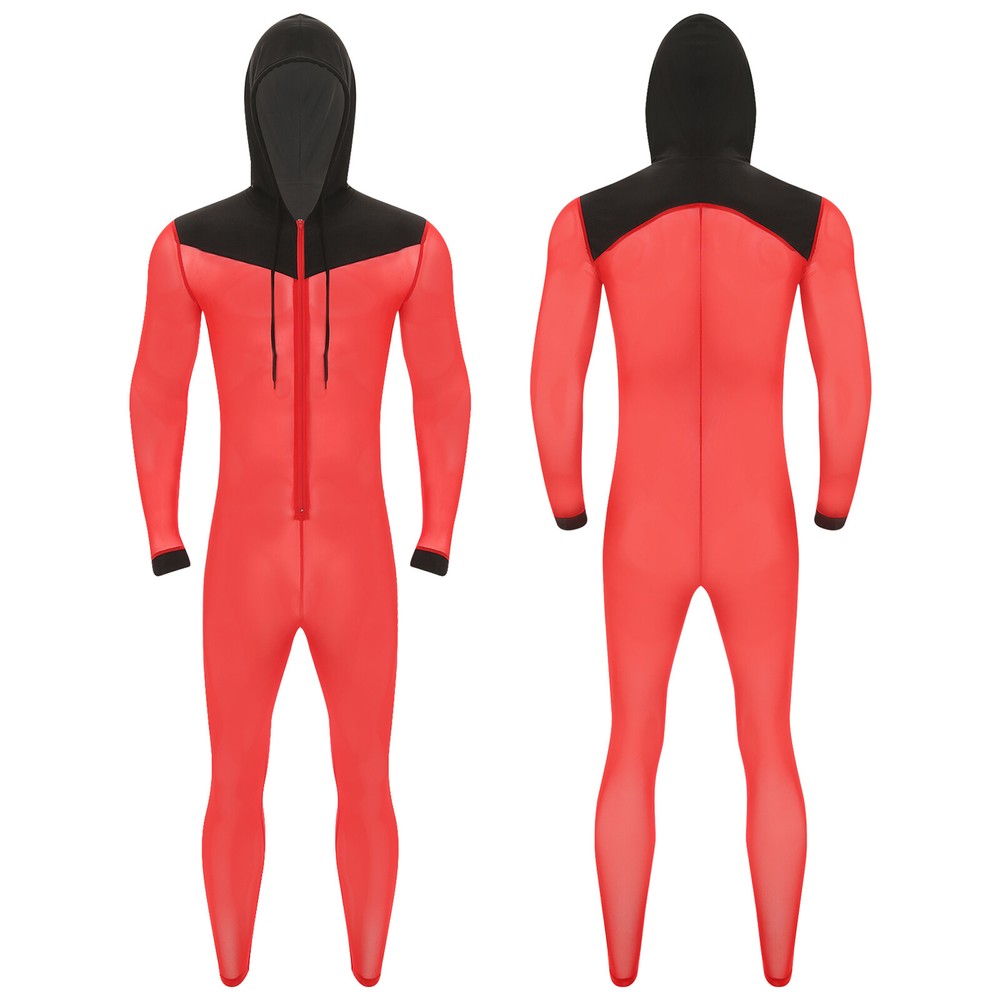 Men Jumpsuit Overalls Hooded Sexy Bodysuit One Piece Nightwear Mesh Romper