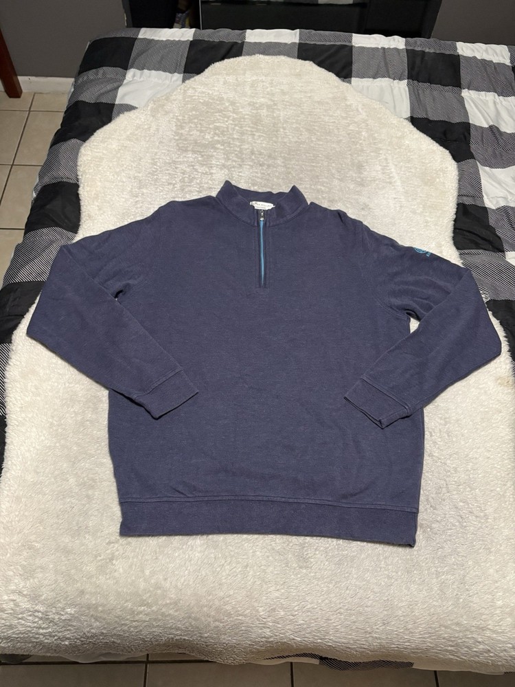 Peter Millar Crown Sport Men’s 1/4 Zip Blue Sweatshirt Size Medium Logo Sleeve