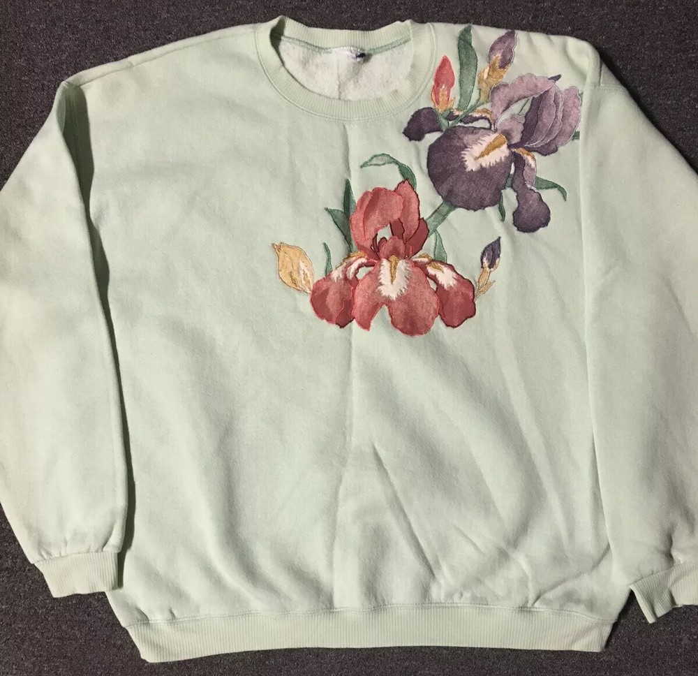 Vtg 90s Flowers Art Sweatshirt XL USA Nature Grunge Glitter Retro Vaporwave 80s