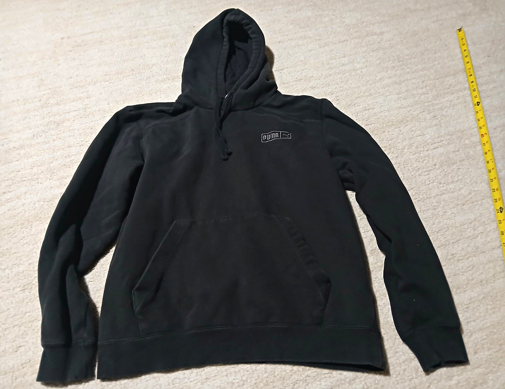 PUMA Men’s Black Pullover Hoodie S Fleece Drawstring Logo Pocket Cotton Blend
