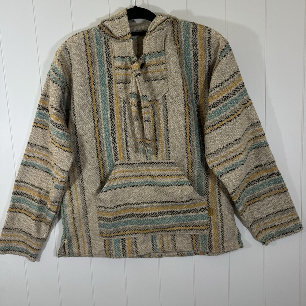 Molina Mexican Baja Hoodie Pullover Jacket Size 42 L Beige Striped Surfer Hippie