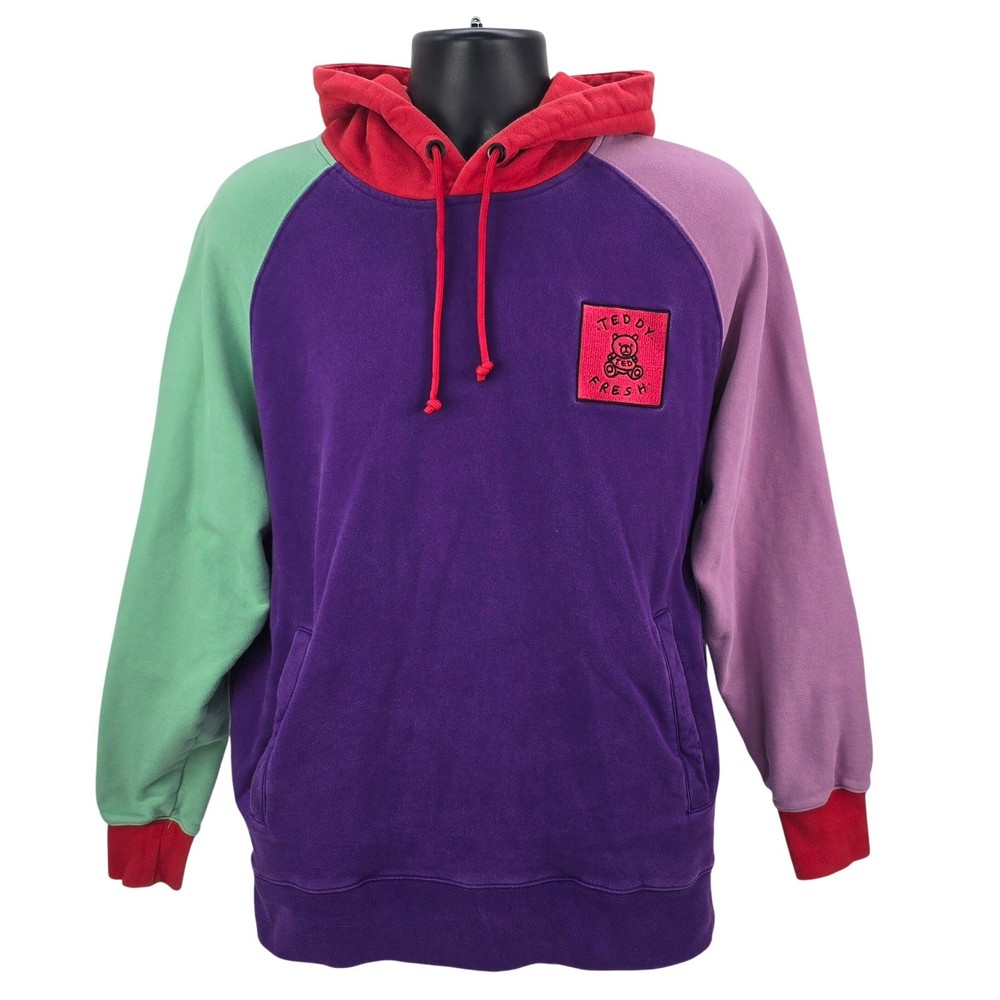Teddy Fresh Mens M Colorblock Hoodie Purple Green Pink Red Streetwear Sweatshirt