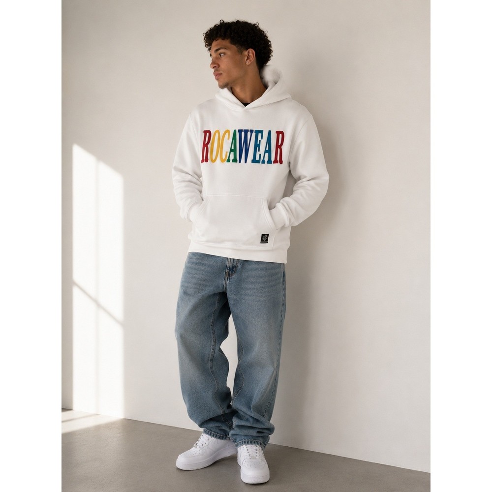 Rocawear Mens Hoodie Medium White Multicolor Logo Streetwear Hip Hop Y2K Retro