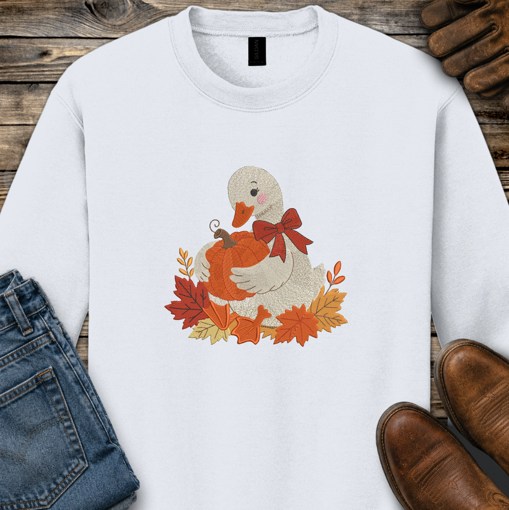 Fall Goose Sweatshirt Embroidered Adult Unisex Cozy Pumpkin Autumn Leaves Gift