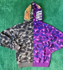 BAPE Split Camo Tiger Shark Full Zip Hoodie Purple Green Size M Broken Zipper