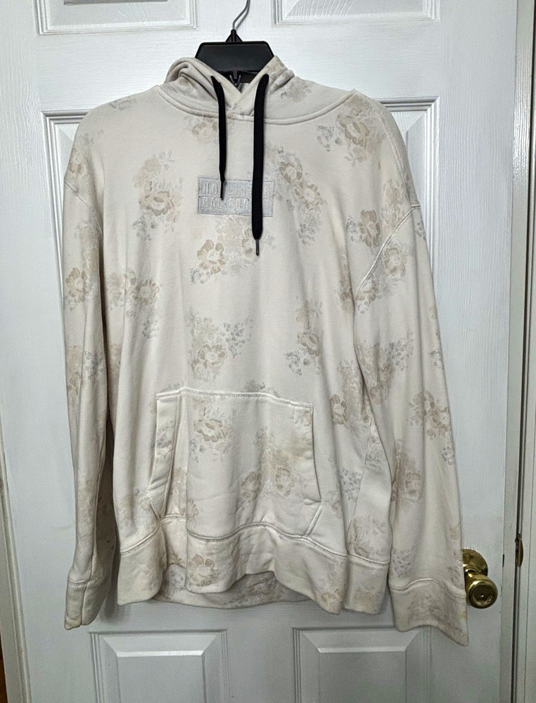 Hollister Beige Floral Pullover Hoodie Men’s M Fleece Cotton Blend Pockets