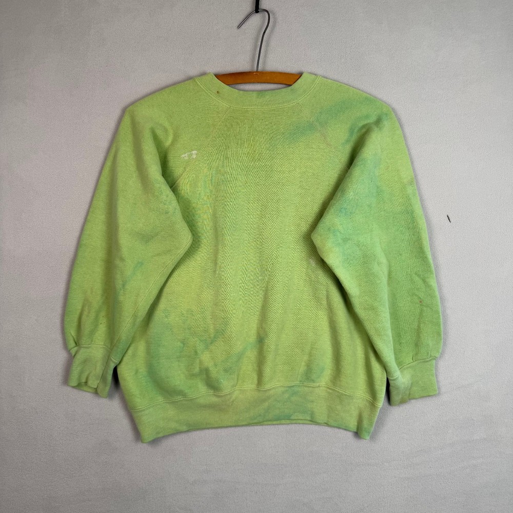 VTG 60s Sweatshirt M Green Blank Cotton Paint Marbled Fade Distressed Collegiate
