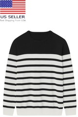 Men Crewneck Knit Stripe Cozy Sweater Pullover Black White Size Large