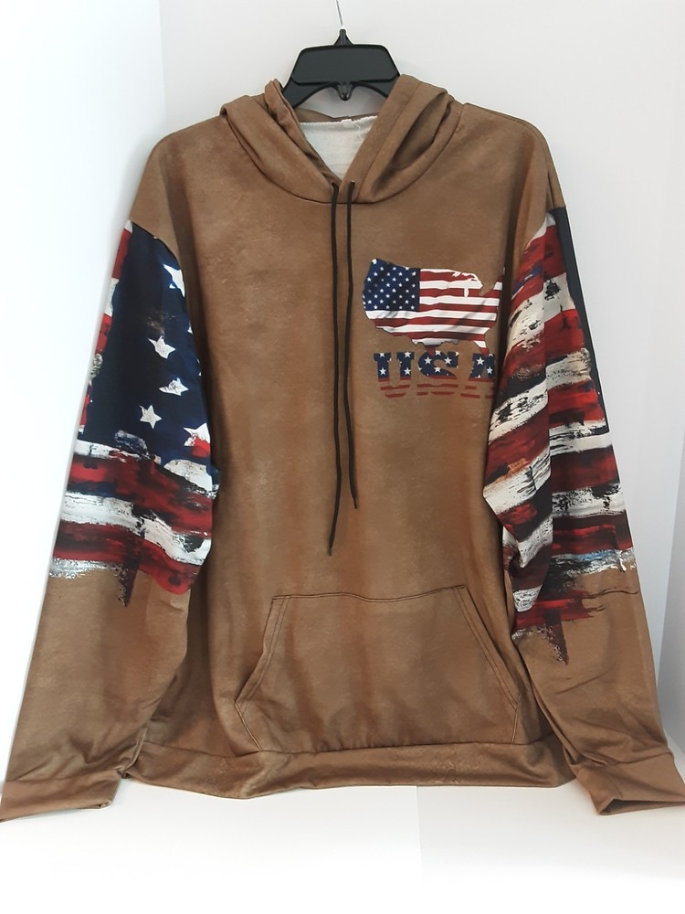 Zocavia Men’s 2XL USA Hoodie 100% Polyester Brown With Red, White, Blue