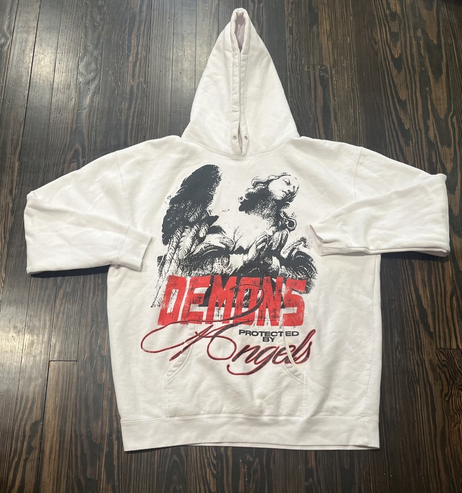 Vlone x NAV Demons Protected By Angels Hoodie Men’s 2XL White Cotton Polyester