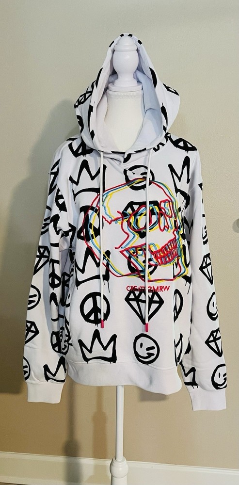 Create 2MRW NWT Size L White Graffiti Embroidered Hoodie Sweatshirt Retail $70