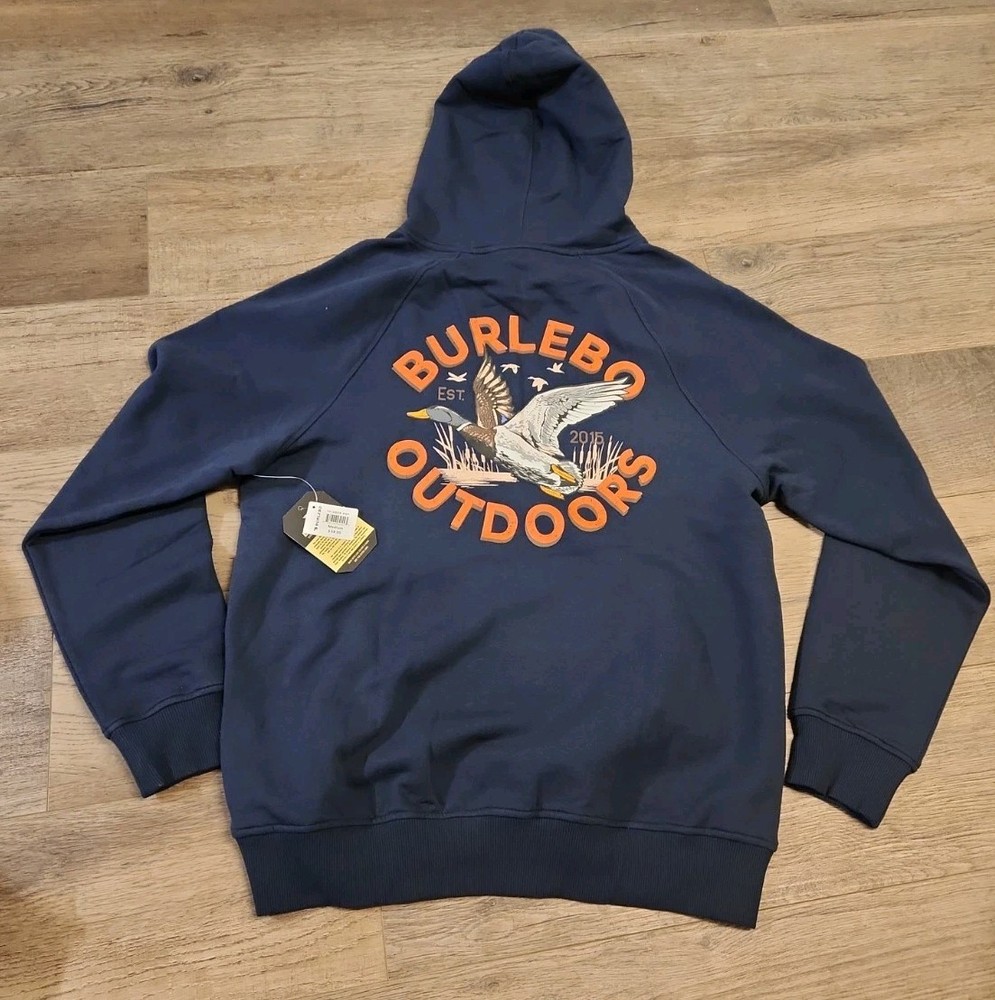 BURLEBO Men’s Midweight Fleece Hoodie Sweatshirt size M Navy Blue Hunting Duck