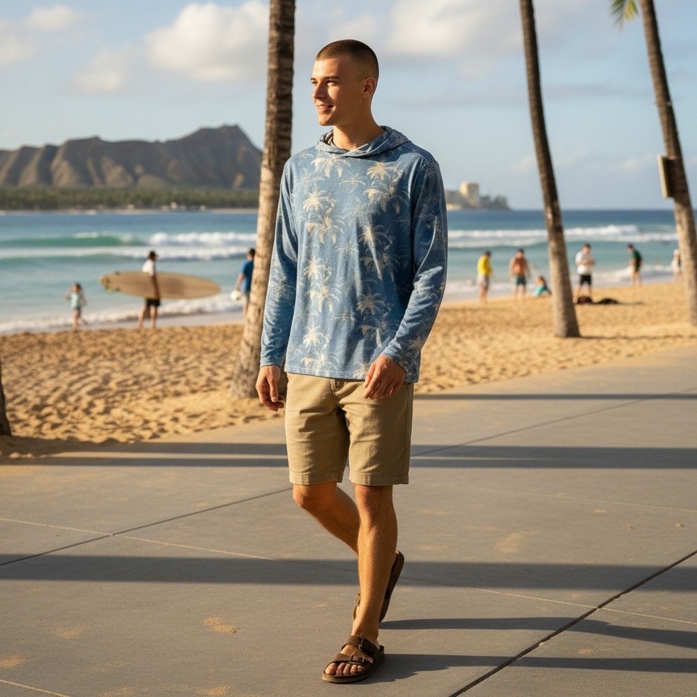 Tommy Bahama Mens Blue Palm Tree Print Lightweight Hoodie L Sustainable Viscose