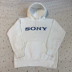 Vintage 1980s Sony Champion Hoodie Size Small White Blue Drawstring