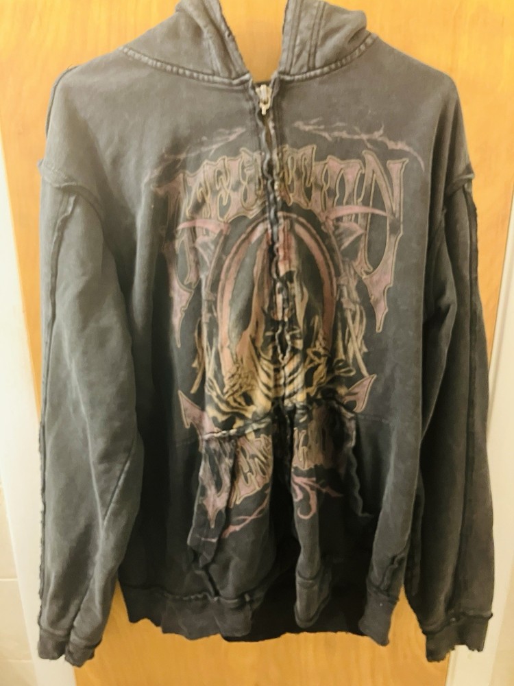 Affliction Denim Killer Distressed Full Zip Up Hoodie Front Back Reaper XL