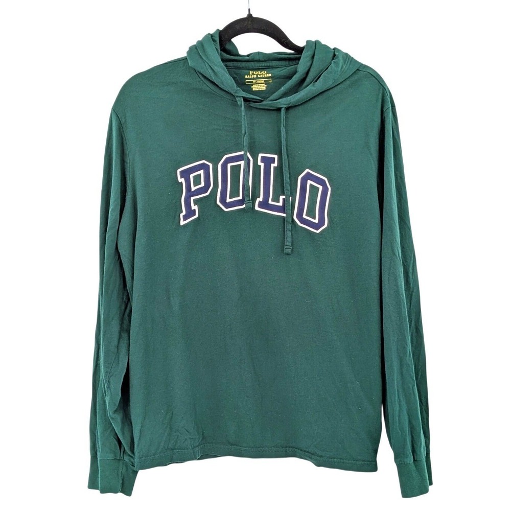 Preppy Collegiate Polo T-shirt long sleeve Hoodie Green 100% Cotton Size M