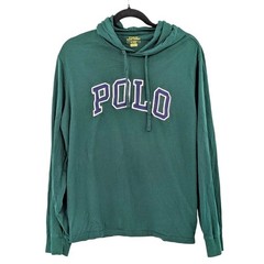 Preppy Collegiate Polo T-shirt long sleeve Hoodie Green 100% Cotton Size M