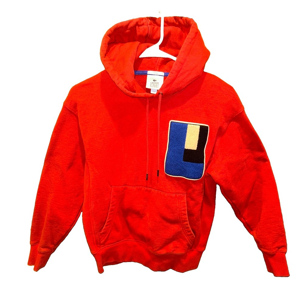 Lacoste LIVE Hoodie Mens XXS Red Oversized Chenille Logo Pullover SH3613