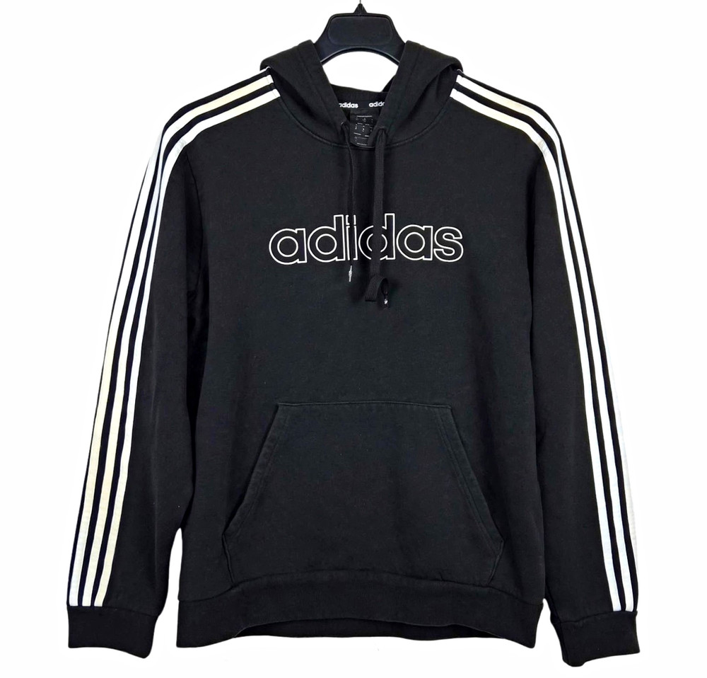 adidas Essentials Men’s Black Fleece Pullover Hoodie 3-Stripes Logo Pockets M