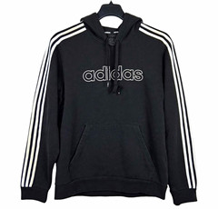 adidas Essentials Men’s Black Fleece Pullover Hoodie 3-Stripes Logo Pockets M