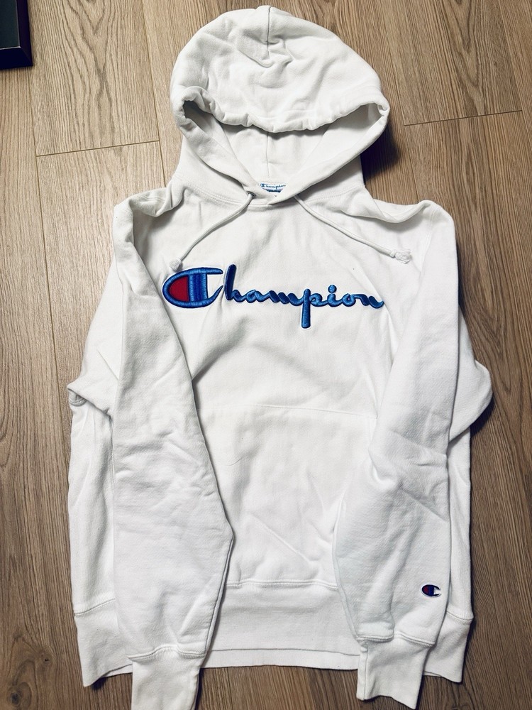 Champion Men’s White Pullover Hoodie Cotton Blend Fleece Logo Drawstring LS