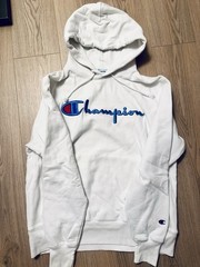 Champion Men’s White Pullover Hoodie Cotton Blend Fleece Logo Drawstring LS