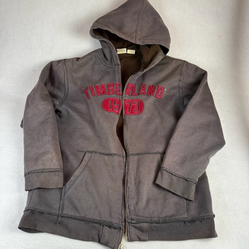 Timberland Mens XL Sherpa Lined Full Zip Hoodie Faded Gray Embroidered 1973 Logo
