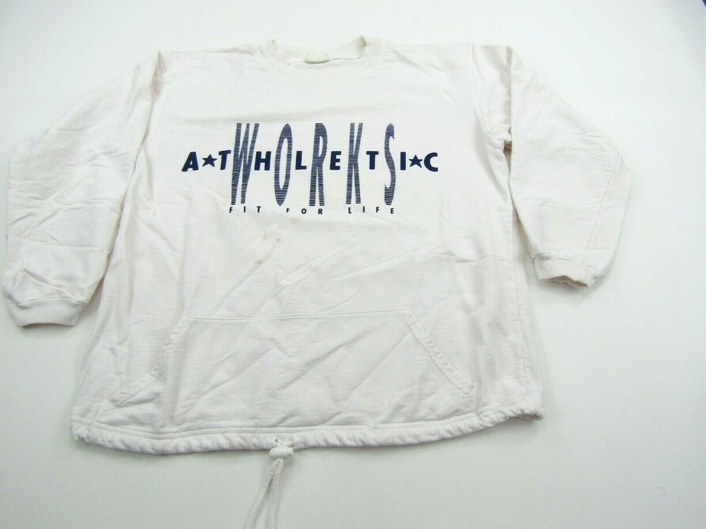 VINTAGE Athletic Works Sweatshirt Mens M? Fit For Life Pockets Drawstring White