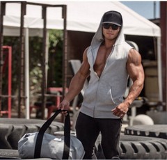 Men Sleeveless Zipper Hoodie Hooded Workout Gym Training Sport Vest Tank Top
