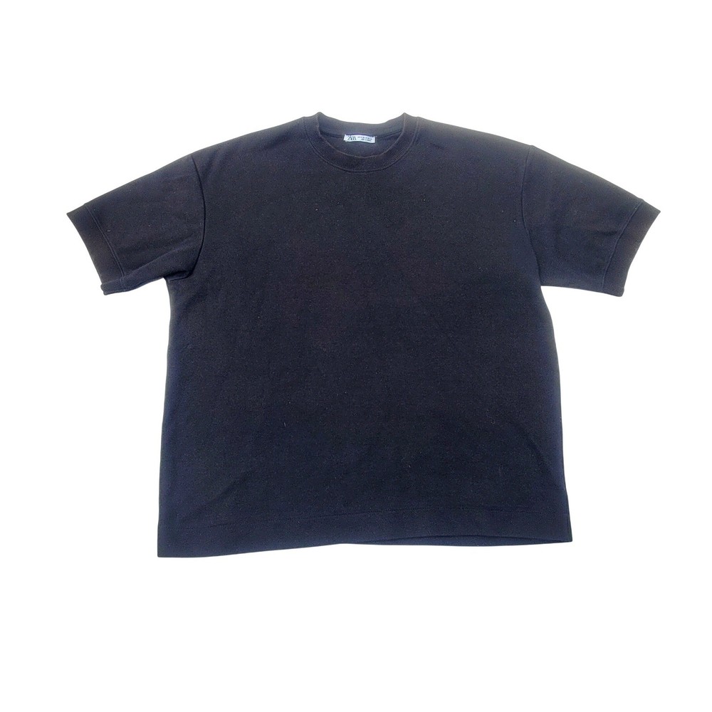 Zara Basic Short Sleeve Sweatshirt Mens Size M Black Ribbed Trim Minimalist D41