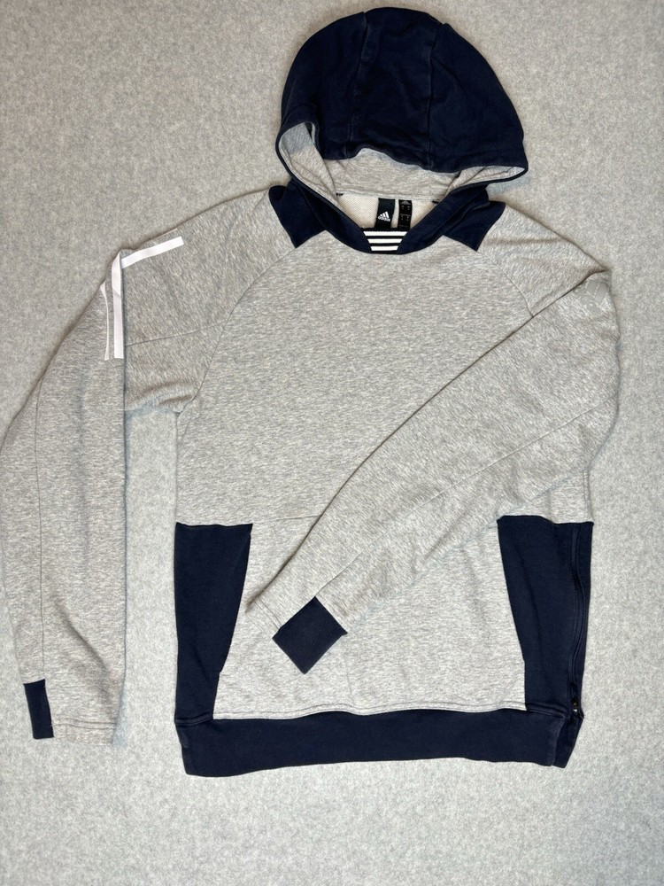 Adidas Men’s S2S Kangaroo Grey Blue Pullover Hoodie Sweatshirt Zip Sides Small
