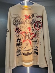 Men’s S Beige Waffle Knit Graphic Print Crewneck Pullover Sweatshirt