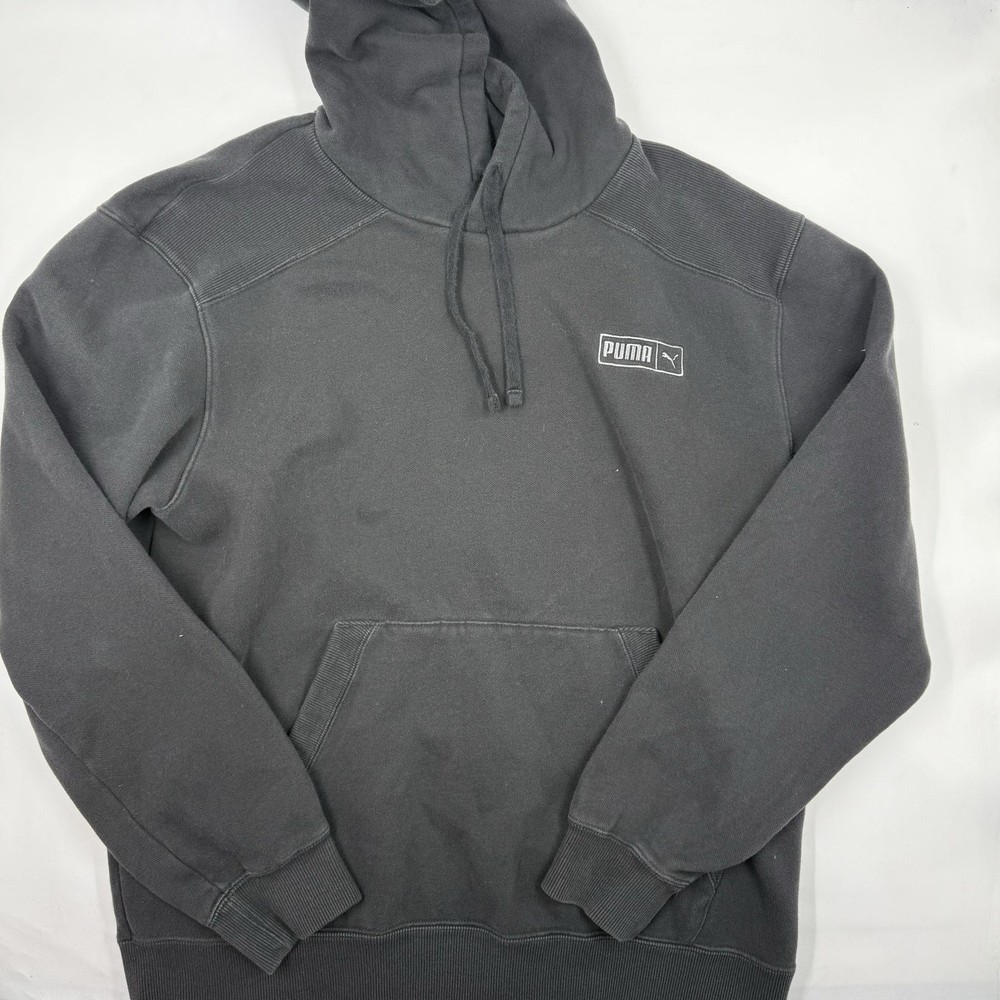 PUMA Hoodie Mens M Gray Pullover Fleece Hooded Pockets Drawstring Logo