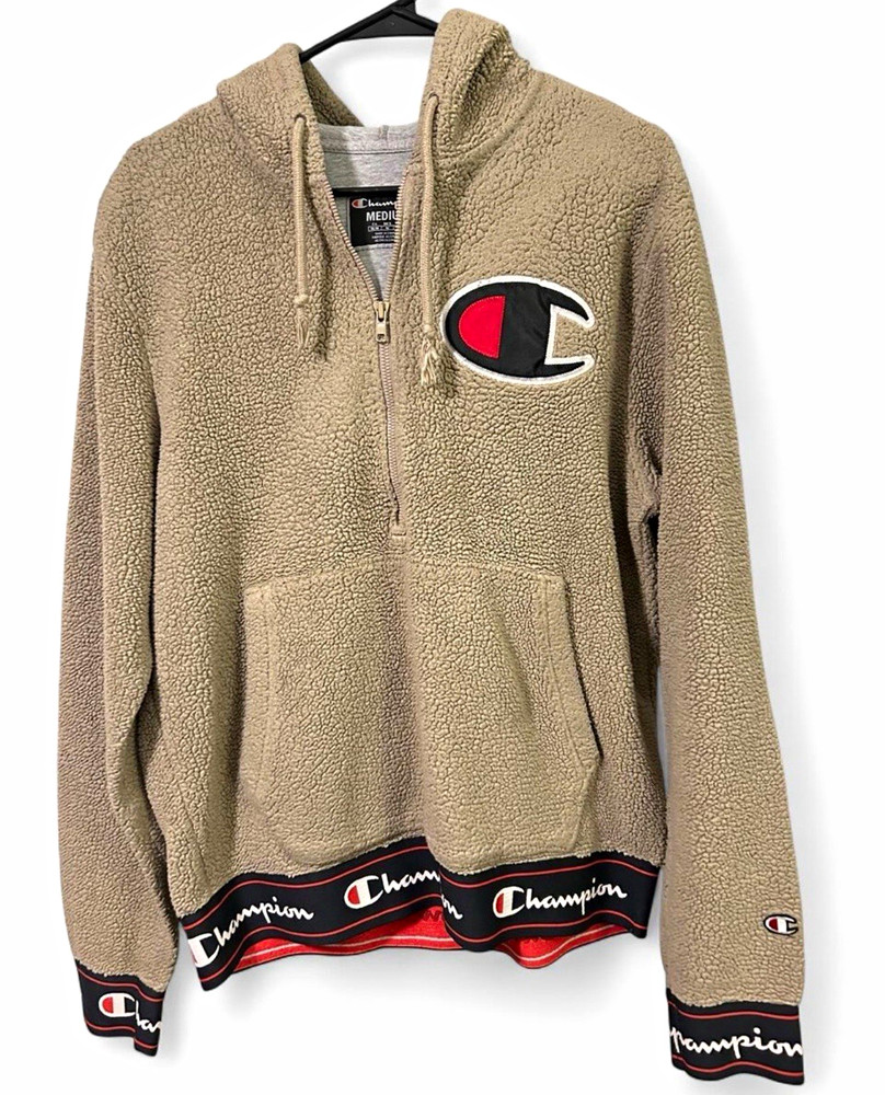 Champion Men’s Sherpa 1/2 Zip Pullover Hoodie Beige M Hood Pockets Logo