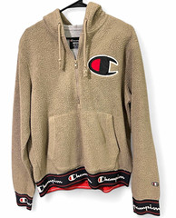 Champion Men’s Sherpa 1/2 Zip Pullover Hoodie Beige M Hood Pockets Logo