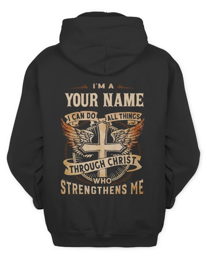 Custom Name Christian Hoodie Back Print Cross Philippians 413 Bible Verse Black