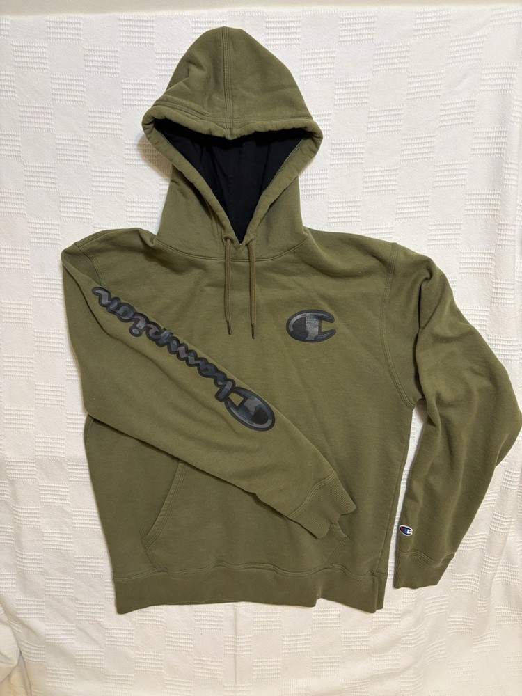 Champion Green Fleece Pullover Hoodie Men’s M Embroidered Logo Drawstring