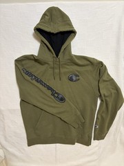 Champion Green Fleece Pullover Hoodie Men’s M Embroidered Logo Drawstring
