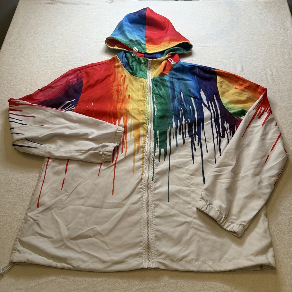 Shein Rainbow Paint Drip Hoodie Color Splash Graphic Pullover ZipUp Streetwear L